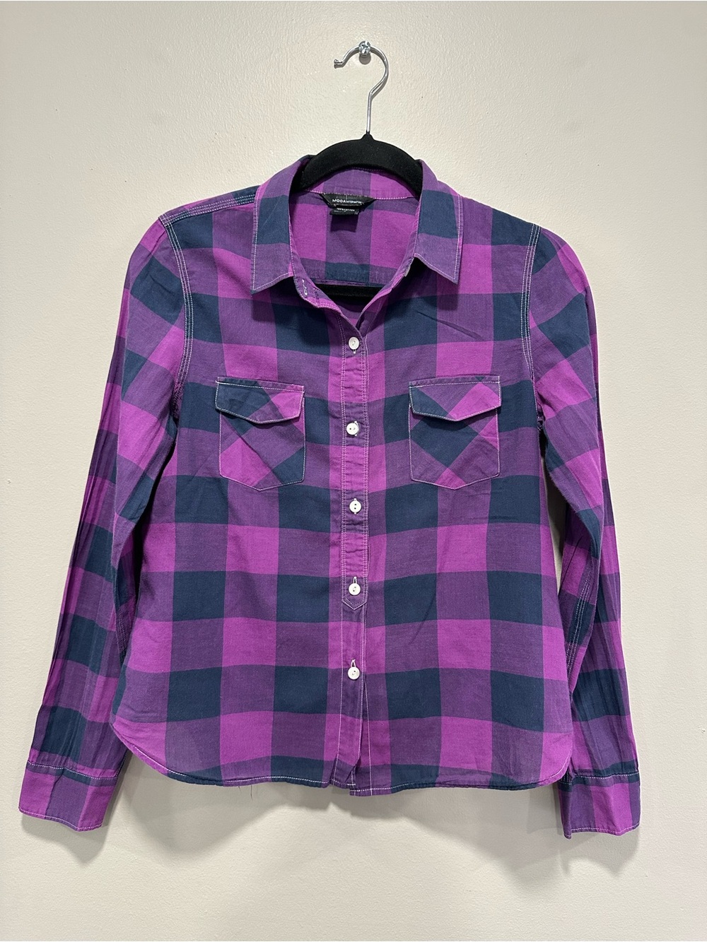 Vintage Y2K Moda International Purple Black Buffalo Plaid Flannel Button Up
